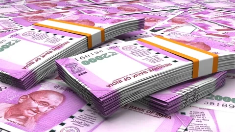 2000 Indian rupees money composition. Financial background. Many banknotes and w Stock Footage 200948345