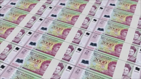 2000 PARAGUAYAN GUARANI banknotes printed by a money press Stock Footage 248986904