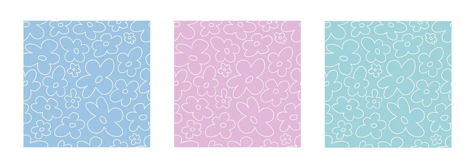 2000s flowers. Set of seamless patterns with contour abstract colors on the.. Stock Illustration