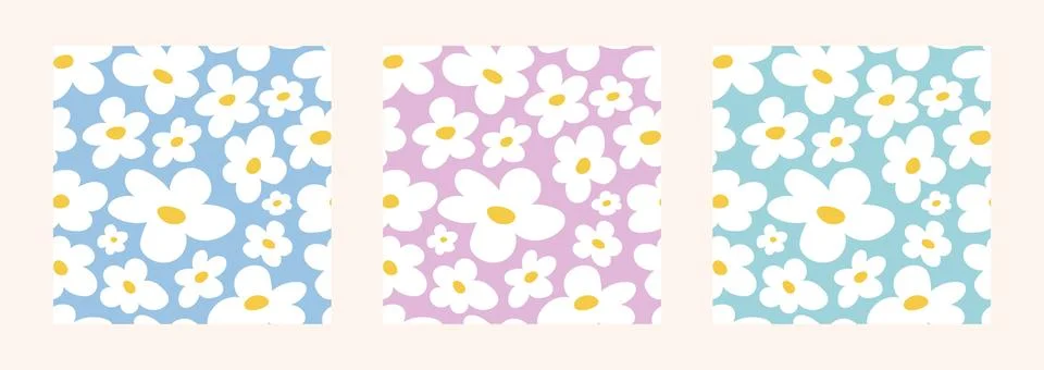 2000s flowers. Set of seamless patterns with abstract white flowers, daisie.. Stock Illustration