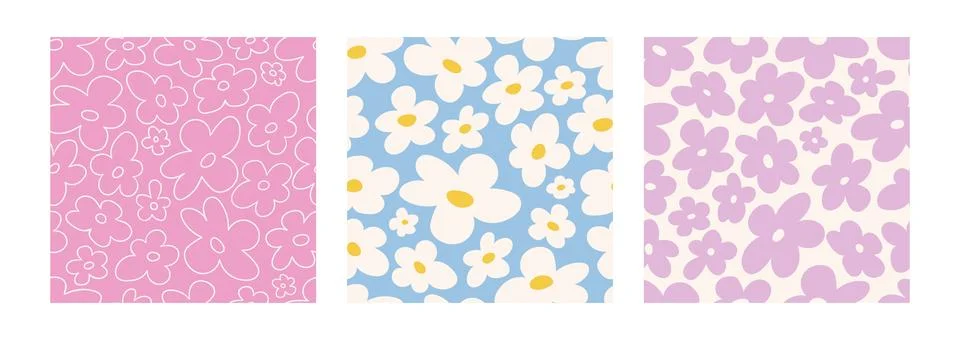 2000s flowers. Set of seamless patterns with abstract colors in delicate pa.. Stock Illustration