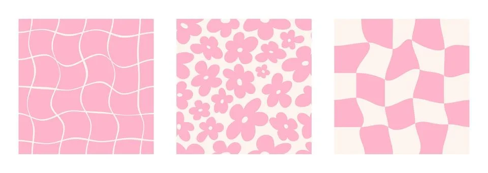 2000s pattern. Abstract flowers. A distorted pink checkerboard. Set of seamle Illustrazione stock