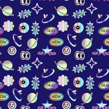 2000s pattern with hologram stickers, smiling, quotes and shining shapes Stock Illustration