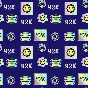 2000s pattern with hologram stickers, smiling, quotes and shining shapes Stock Illustration