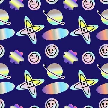 2000s pattern with hologram stickers, smiling, quotes and shining shapes Illustrazione stock