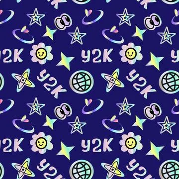 2000s pattern with hologram stickers, smiling, quotes and shining shapes Stock Illustration
