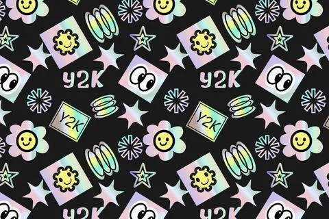 2000s pattern with hologram stickers, smiling, quotes and shining shapes Illustrazione stock