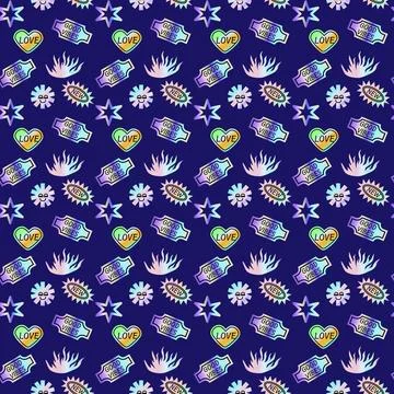 2000s pattern with hologram stickers, smiling, quotes and shining shapes Stock Illustration