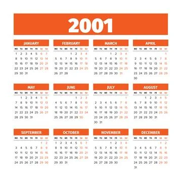 2001 calendar template with Monday week start イラスト素材