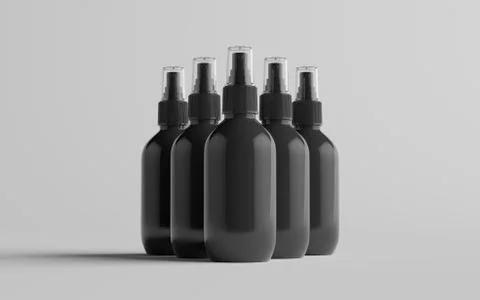 200ml Black Plastic Spray Bottle Mockup - Multiple Bottles. 3D Illustration Stock Illustration