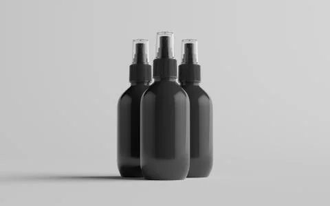 200ml Black Plastic Spray Bottle Mockup - Three Bottles. 3D Illustration Stock Illustration