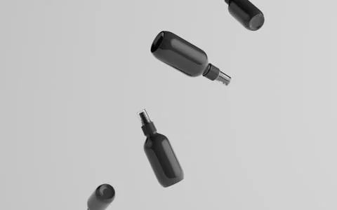 200ml Black Plastic Spray Bottle Mockup - Multiple Floating Bottles. 3D Illus Stock Illustration