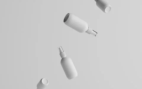 200ml White Plastic Spray Bottle Mockup - Multiple Floating Bottles. 3D Illus Stock Illustration