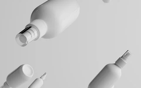 200ml White Plastic Spray Bottle Mockup - Multiple Floating Bottles. 3D Illus Stock Illustration
