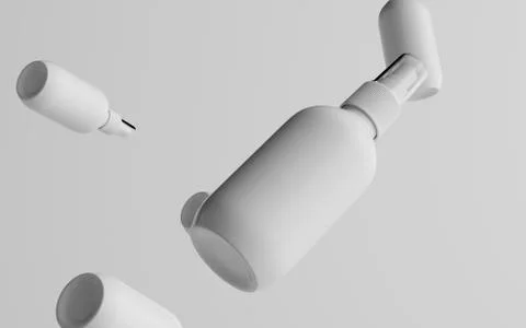 200ml White Plastic Spray Bottle Mockup - Multiple Floating Bottles. 3D Illus Stock Illustration