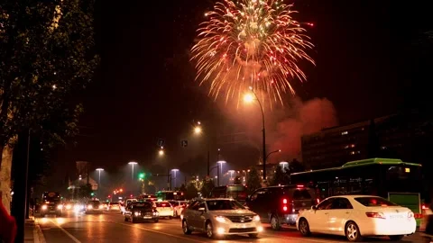20.10.2024, Tbilisi, Georgia. Fireworks explode in the night sky above Stock Footage 311061955