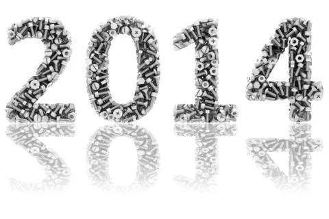 2014 digits composed of different bolts and nuts on glossy white background Stock Illustration