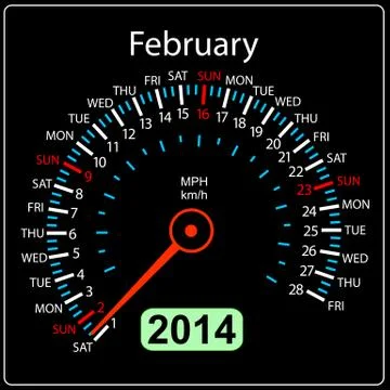 2014 year calendar speedometer car in vector. february. 스톡 일러스트
