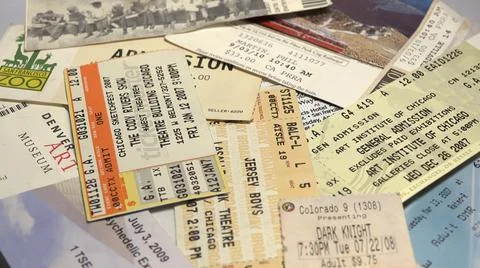 2014:Rotating Close Up Shot Of Multiple Old And New Admission Tickets To 写真素材