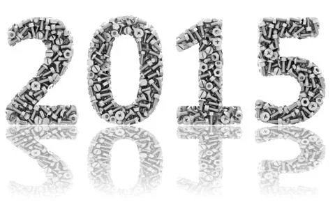 2015 digits composed of differnt bolts and nuts on glossy white background Stock Illustration