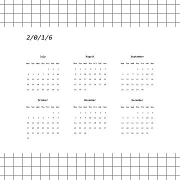 2016 calendar design with grid background (July-December) Stock Illustration
