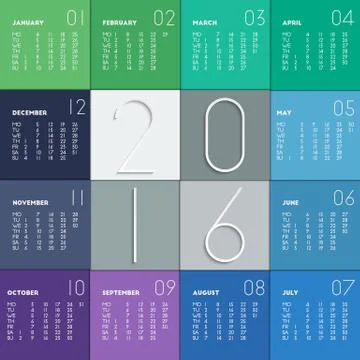 2016 calendar in flat colors Illustrazione stock