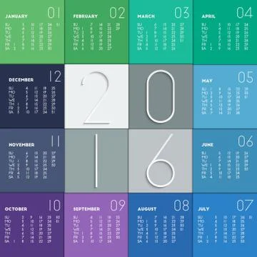 2016 calendar in flat colors Illustrazione stock