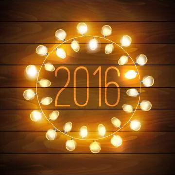 2016 Happy new year background with glowing electric garland and fir on the wood Stock Illustration