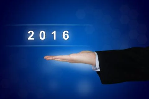 2016 happy new year button on blue background Stock Photos