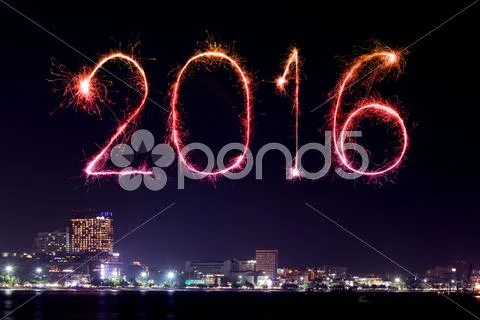 2016 Happy New Year Fireworks Celebrating Over Pattaya Beach