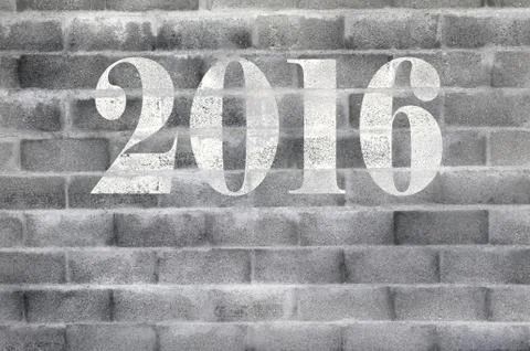 2016 tag on cinderblock wall Stock Photos