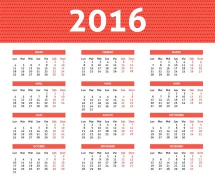 2016 year caledar in Spanis in light red color Stock Illustration