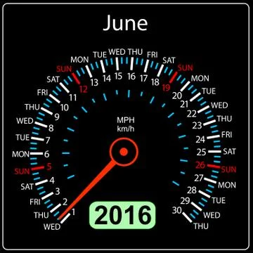 2016 year calendar speedometer car. June. Vector illustration. Illustrazione stock