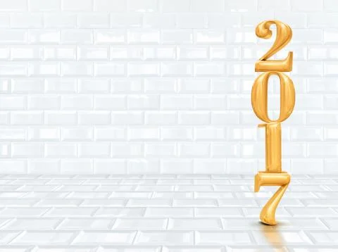 2017 (3d rendering) new year gold color  in perspective white ceramic tile ro 스톡 일러스트