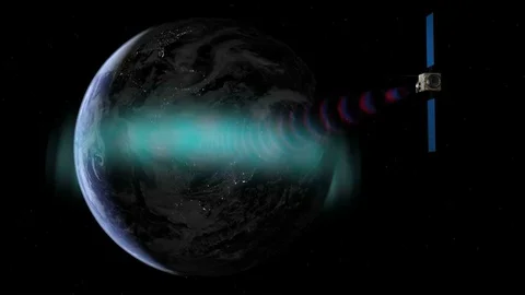 2017 - In this animated sequence, a communications satellites signal is Stock Footage 89874099