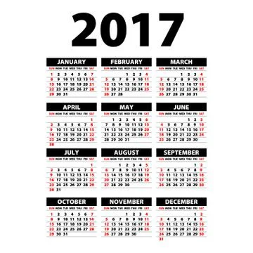 2017 Calendar Black - illustration..Vector template of 2017 calendar Stock Illustration
