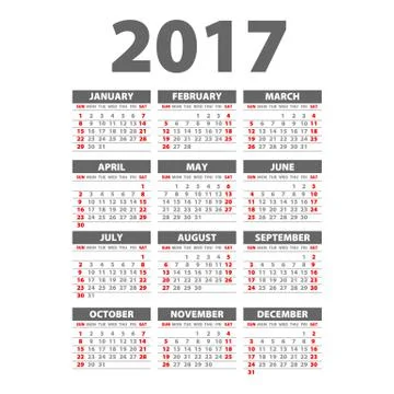 2017 Calendar Black - illustration..Vector template of 2017 calendar Stock Illustration
