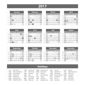 2017 Calendar grey - illustration Vector template of 2017 calendar Stock Illustration