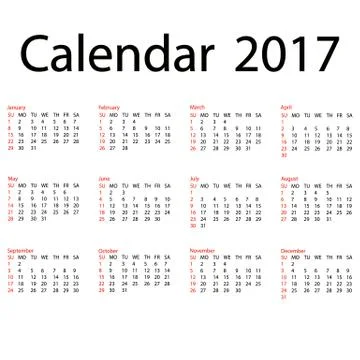 2017 calendar template. First day Sunday Stock Illustration