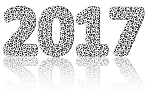 2017 digits composed of many soccer balls on glossy white background Stock Illustration
