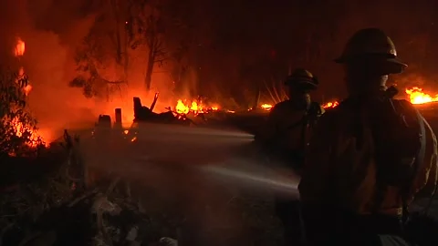 2017 - a firefighter fights a huge hillside blaze during the Thomas Fire in Stock Footage 157763725