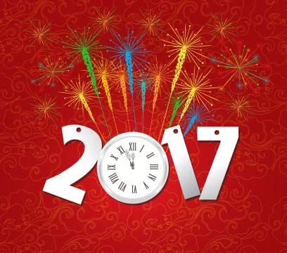 2017 Happy New Year with clock and fireworks background Stock Illustration