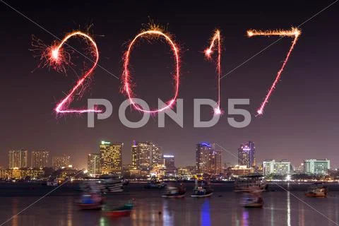 2017 Happy New Year Fireworks Over Pattaya Beach At Night, Thailand