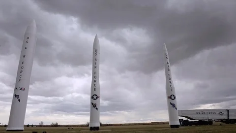 2017 - ICBMs are seen standing on a cloudy day at Vandenberg Air Force Base. Stock Footage 88662825