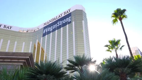 2017 - low angle of the Mandalay Bay Hotel with large sign saying vegastrong Stock-Footage 83314185