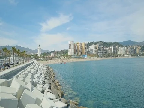2017 May 19 - Beach of Malaga aerial view on May 19, 2017 in Malaga 스톡 동영상 82094475
