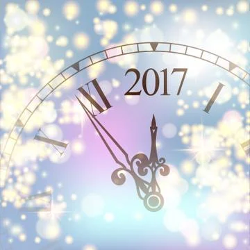 2017 New Year colored shining background with clock. Blured colored flare banner Stock Illustration