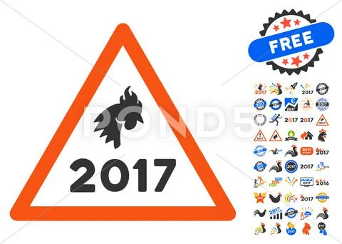 2017 Rooster Warning Icon With 2017 Year Bonus Pictograms Stock Illustration