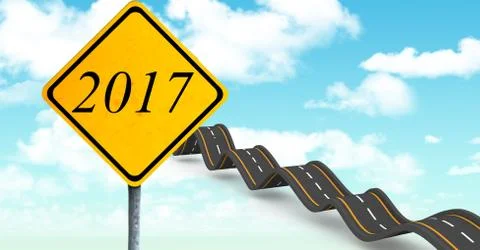 2017 sign board against composite image 3D of bumpy road in sky Stock Illustration