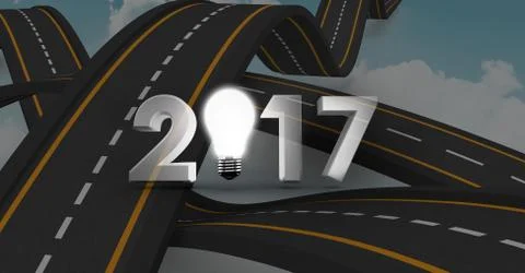 2017 text containing light bulb against a composite image 3D of overlapping Illustrazione stock